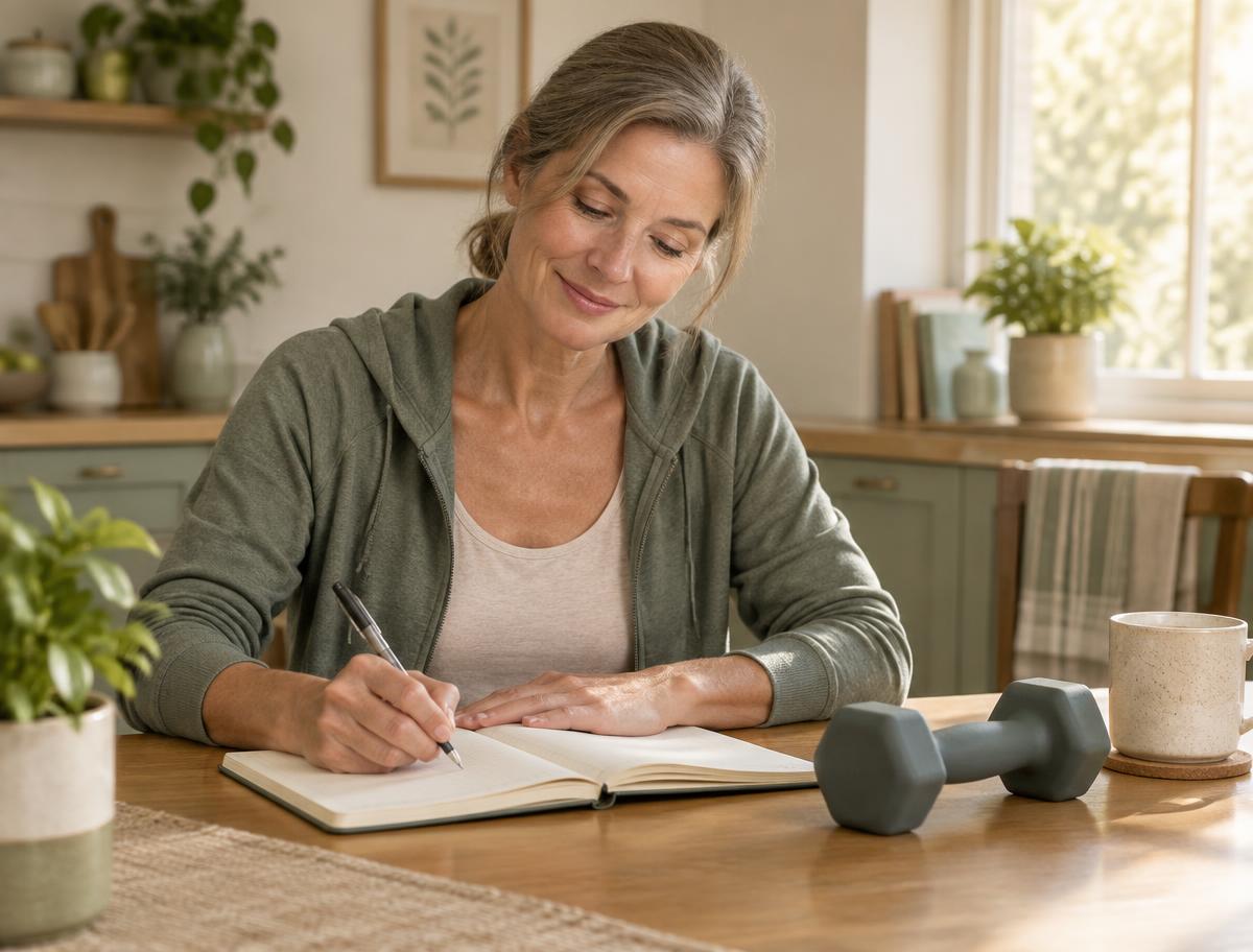 A woman calmly recording her training session in a logbook
